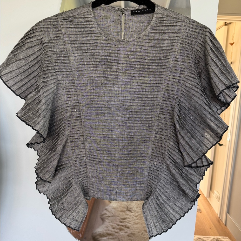 Women's Grey Textured Short-Sleeved 100% Linen Top